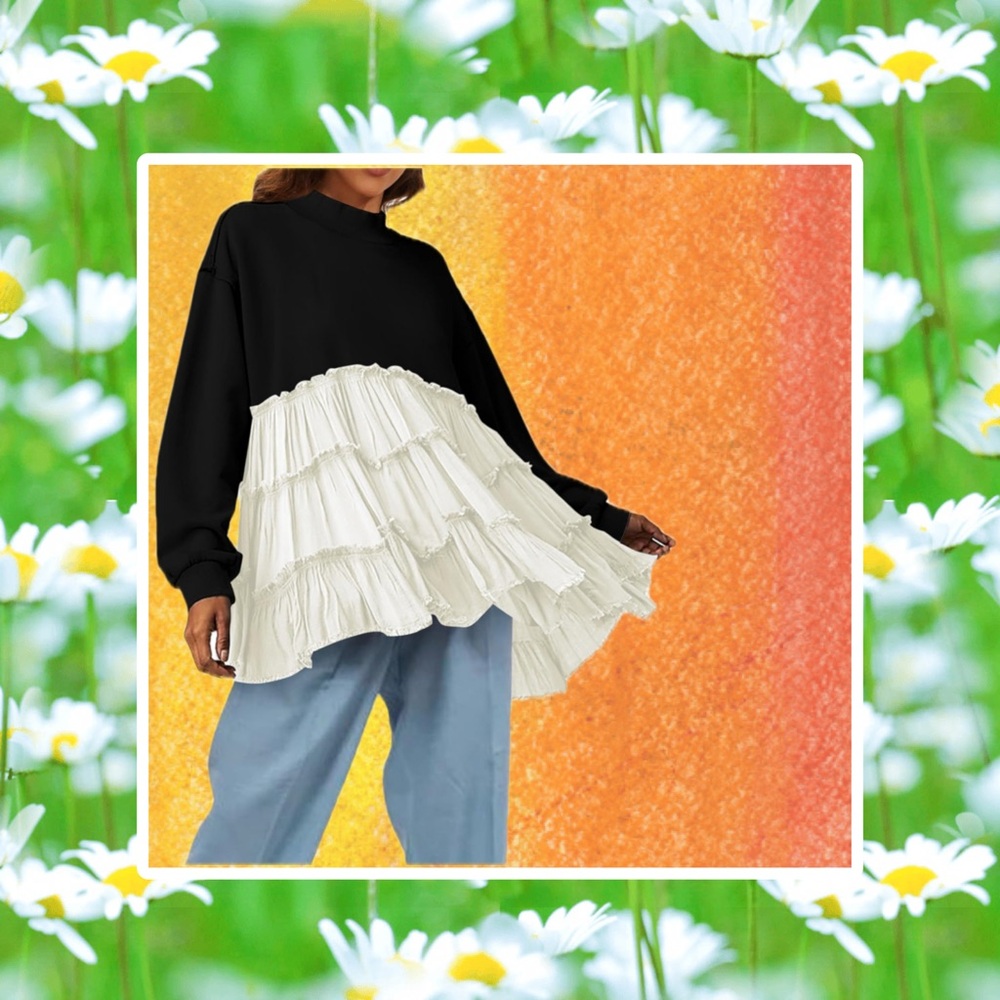 Elegant Black and White Anthropology Ruffled Mixed Media Shirt Women's Top XL